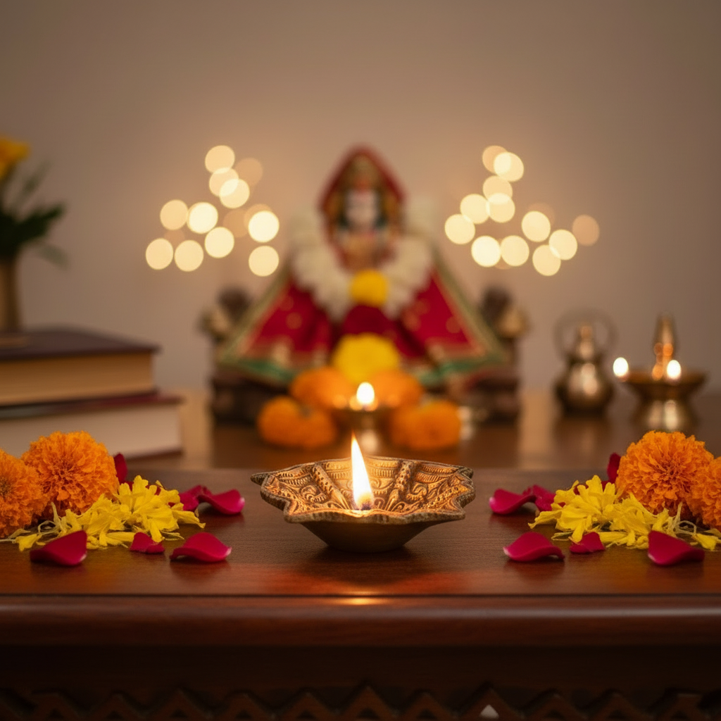 Brass Star/Floral Diya Bowl with Sacred Swastika Design