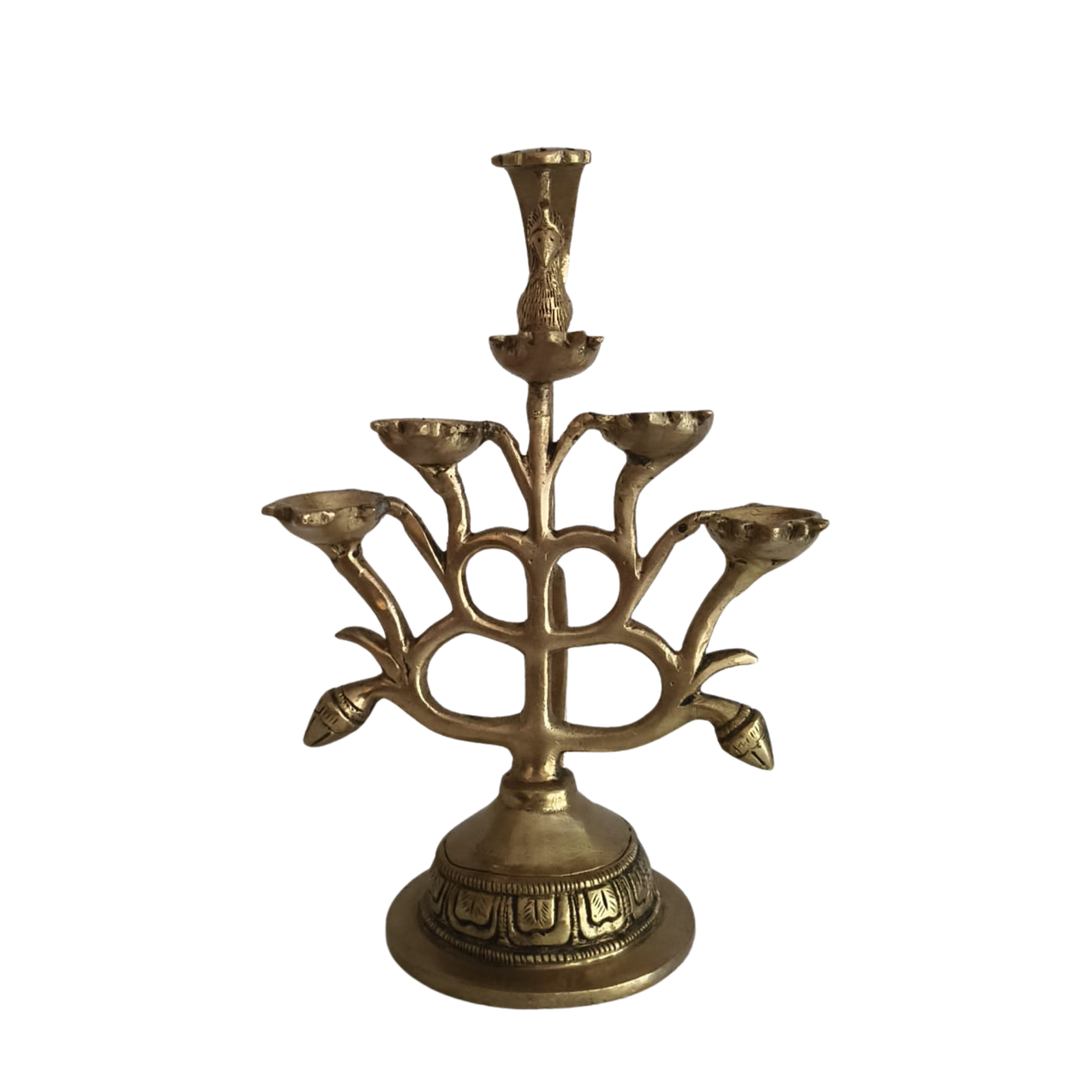 Ornate Brass Multi-Wick Diya Lamp with Peacock Motif - Traditional Pooja Item