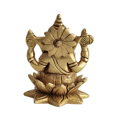 Golden Brass Lord Ganesha Idol Seated on a Lotus