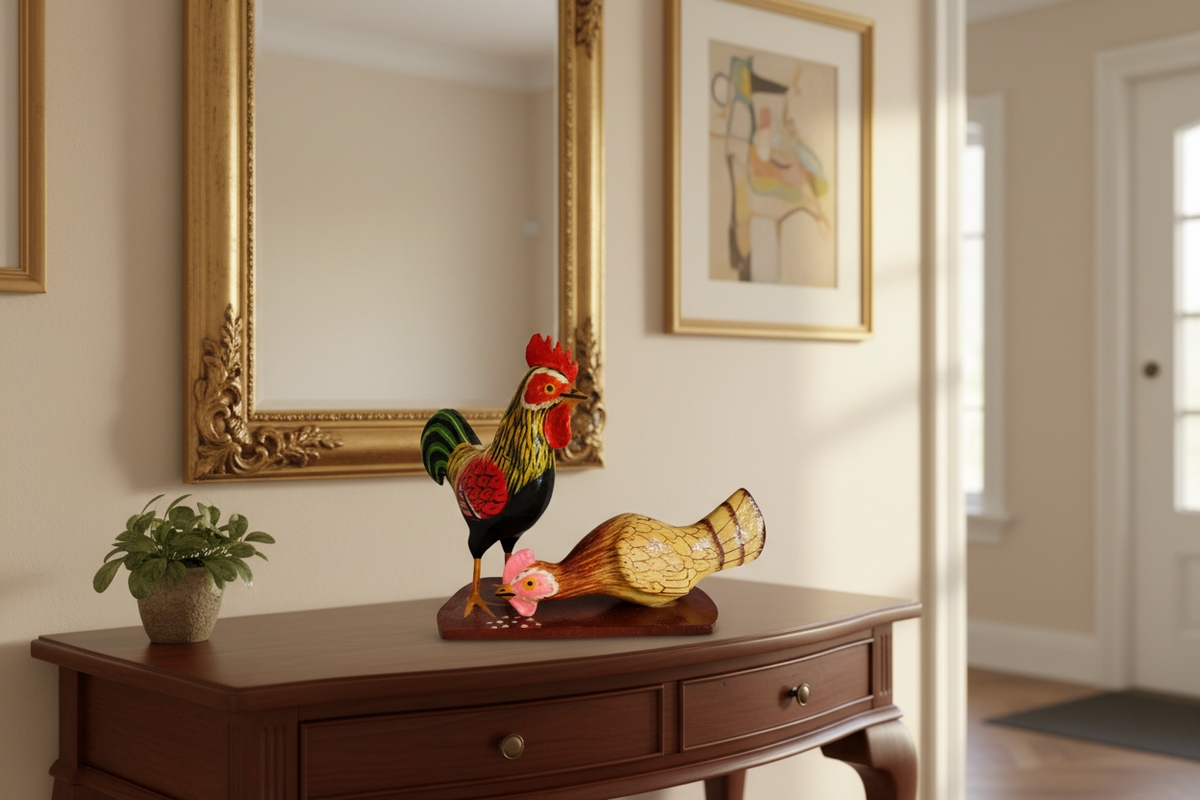 Nirmal Rooster & Hen Toy Set – Traditional Lacquered Wooden Folk Art   Wooden Toy