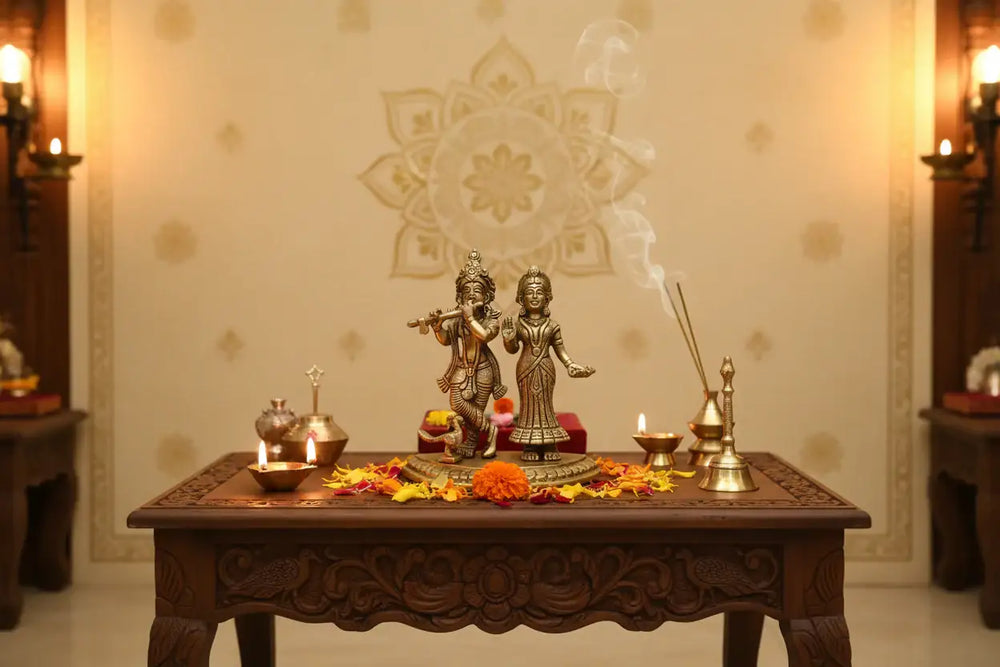 Brass Radha Krishna Idol with Flute – Embodiment of Eternal Love and Divine Bliss   Brass Ware