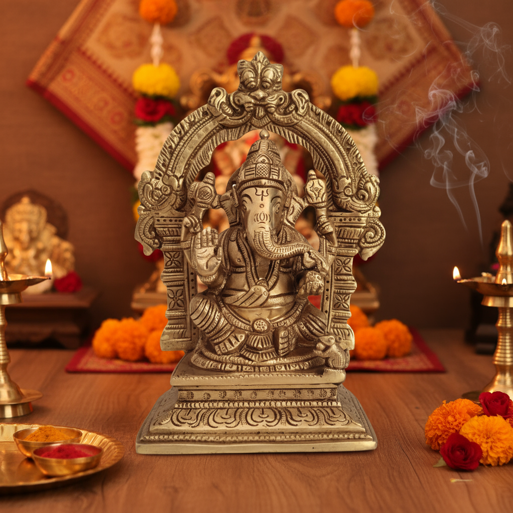 Brass Lord Ganesha Idol with Prabhavali Arch and Elaborate Pedestal