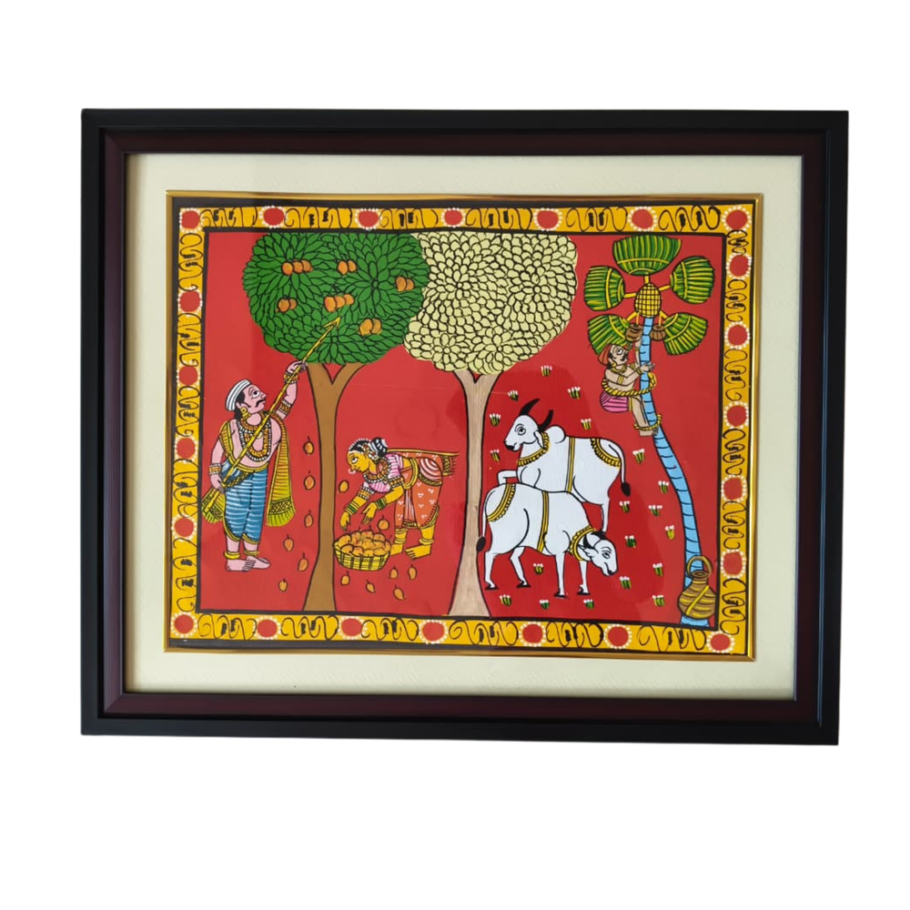 Hand-Painted Rural Harvest & Toddy Tapping Cheriyal Painting   Cheriyala Painting