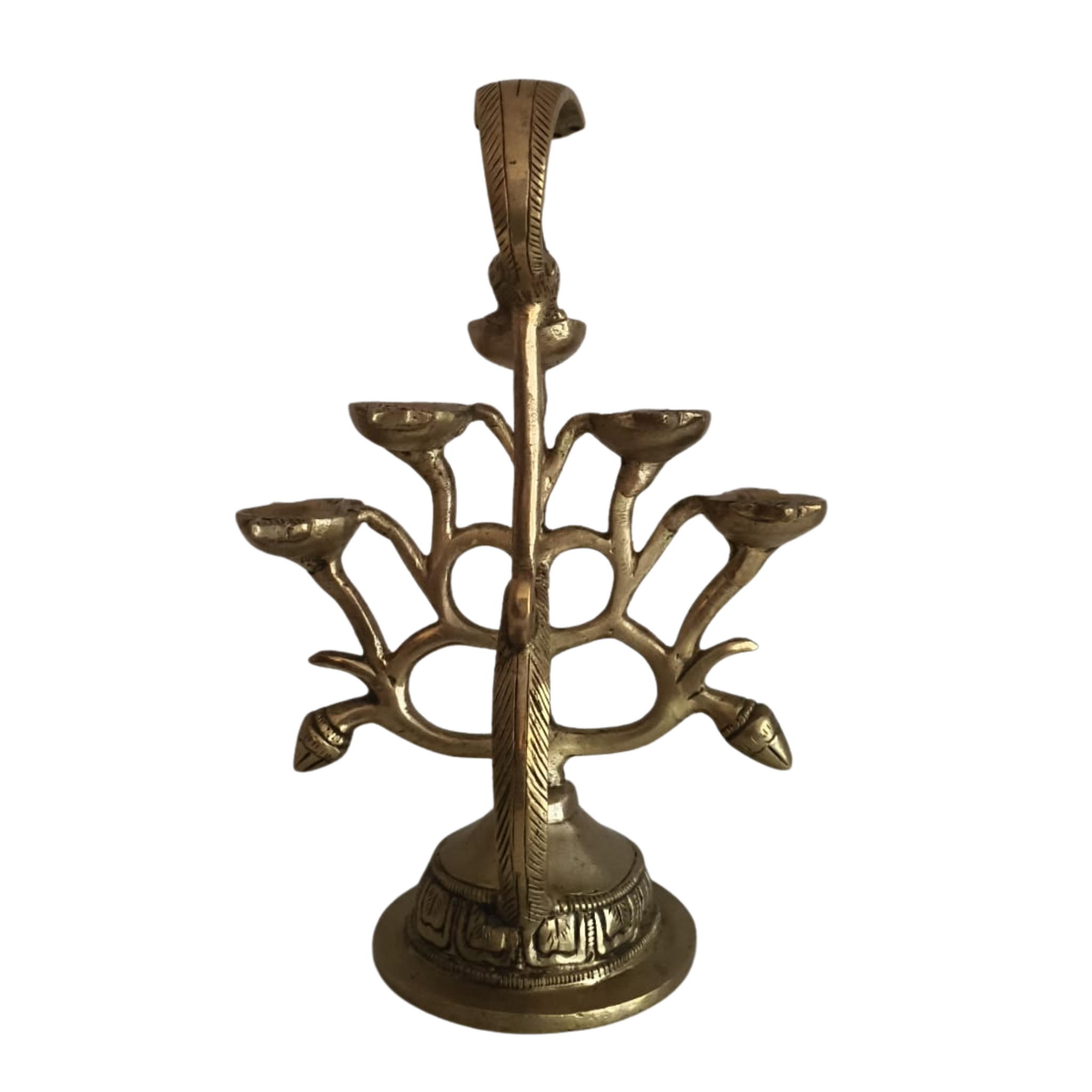 Ornate Brass Multi-Wick Diya Lamp with Peacock Motif - Traditional Pooja Item