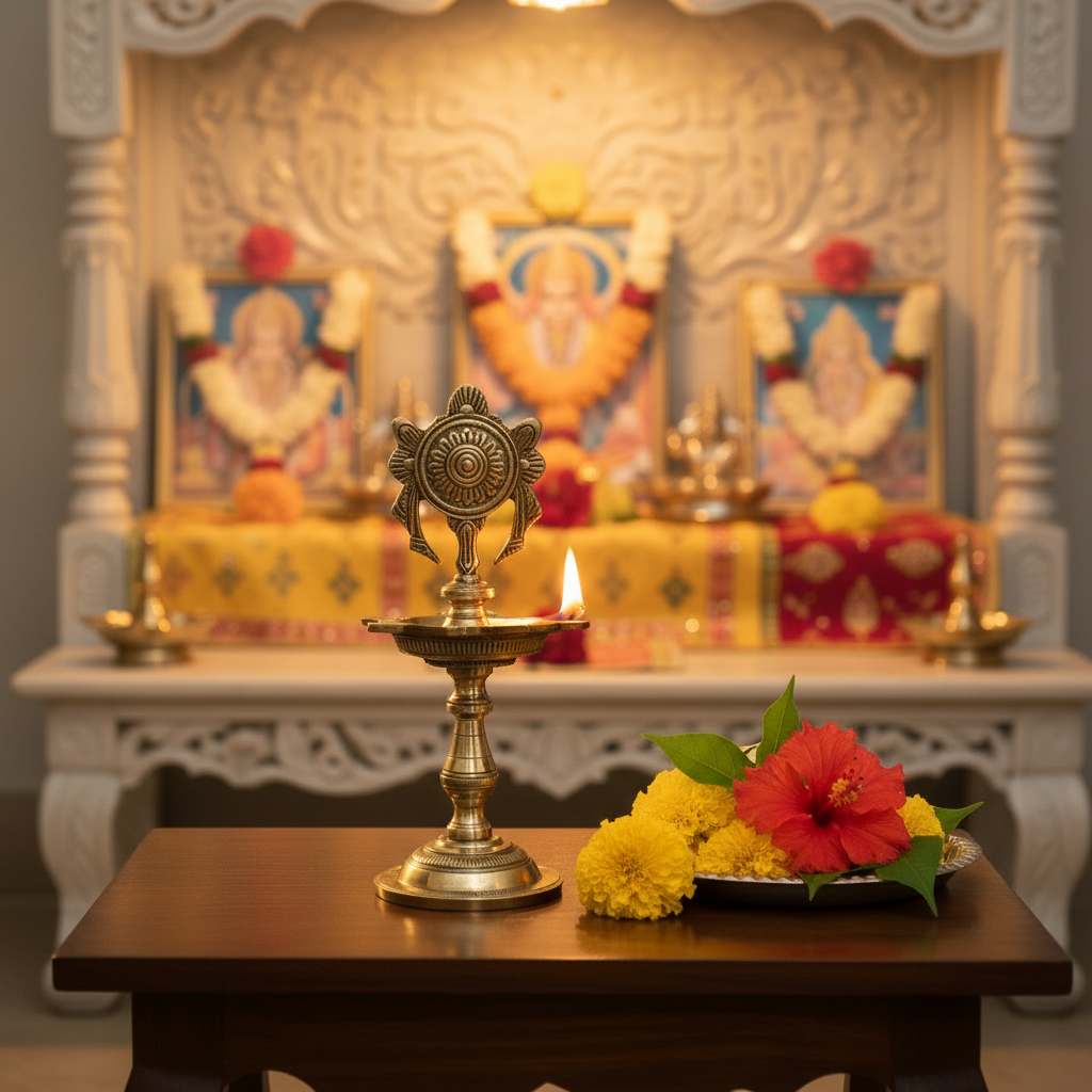 Brass Decorative Diya Stand - Traditional Puja Oil Lamp