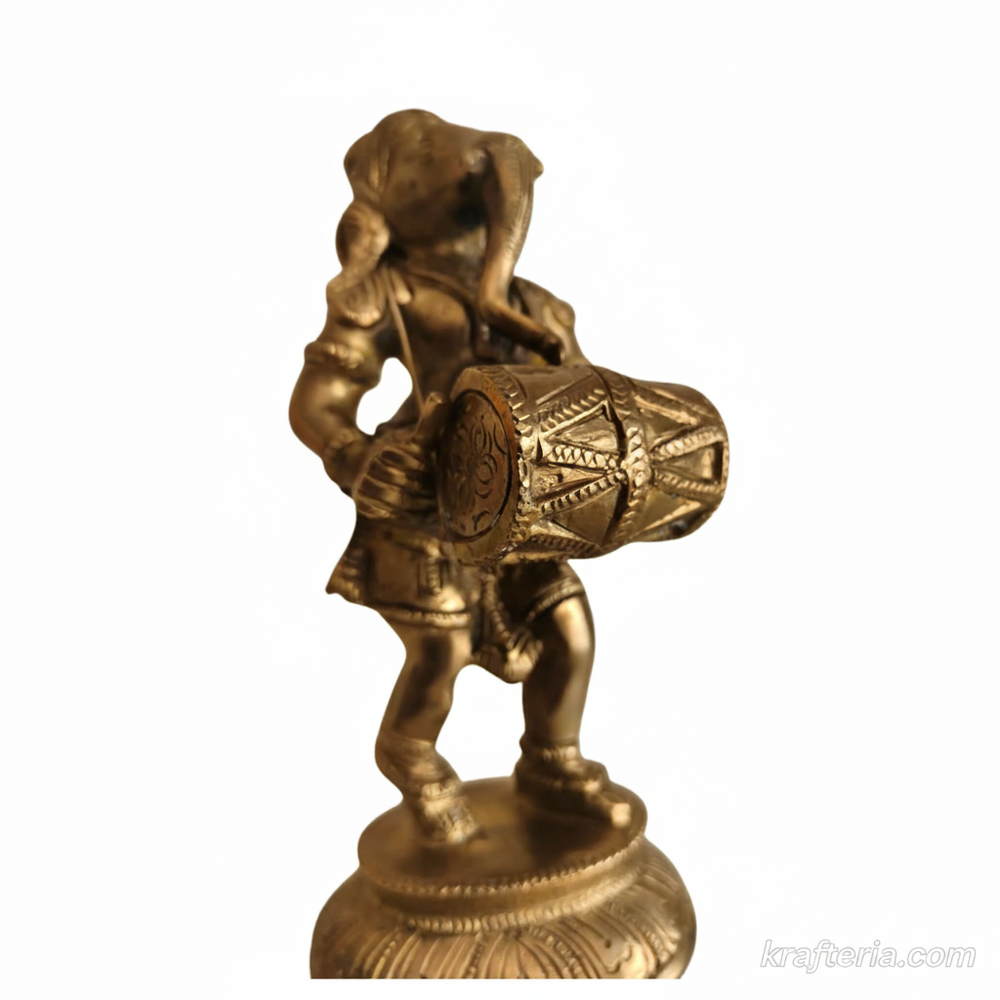Lord Ganesha Playing Dholak Altar Statue for Home Temple & Decor   Brass Artwork