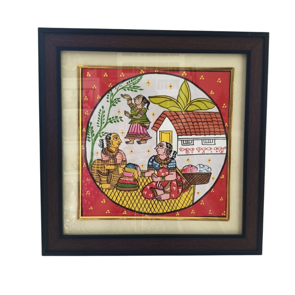 Authentic Cheriyal Art Painting of Indian Village Life – Framed Wall Decor   Cheriyala Painting
