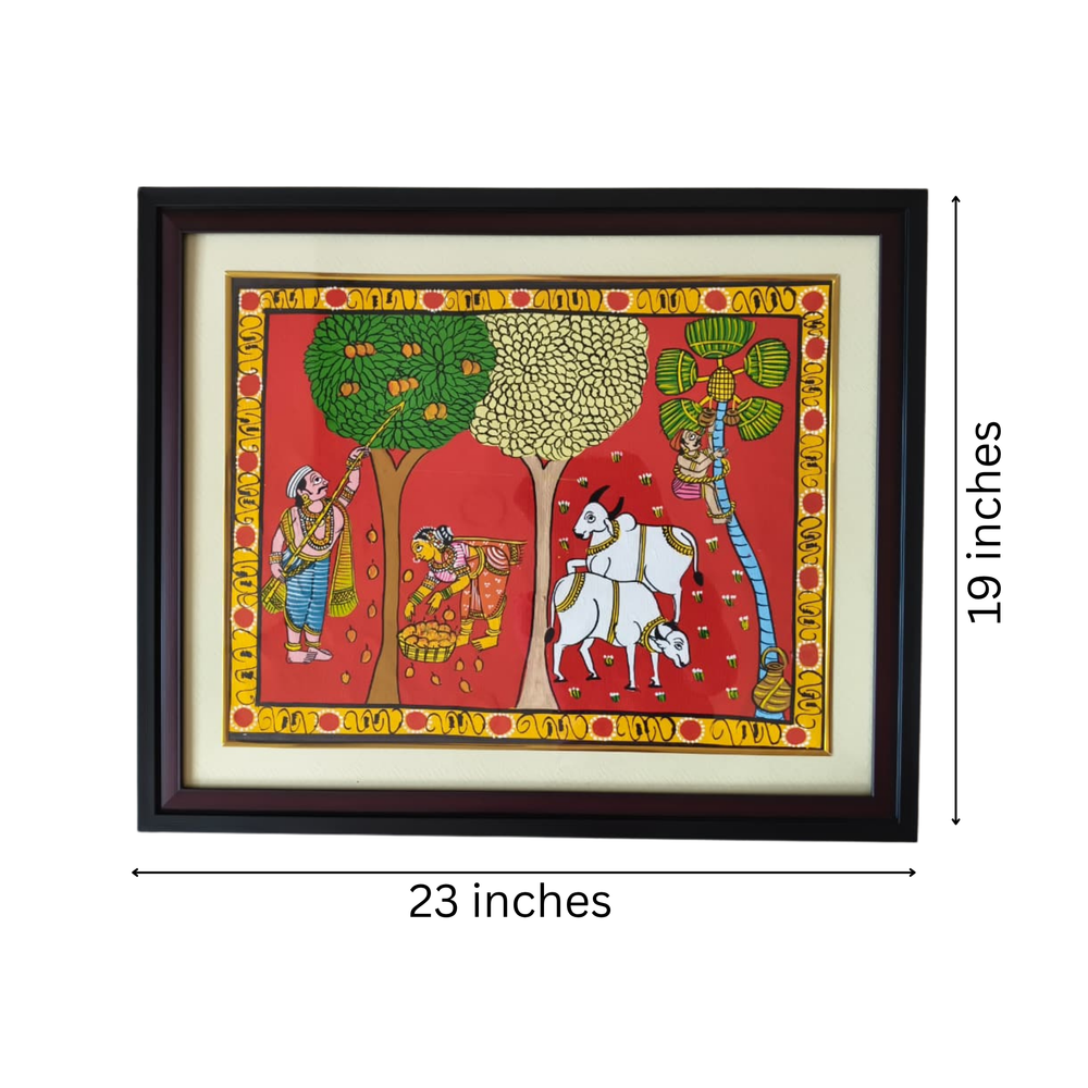 Hand-Painted Rural Harvest & Toddy Tapping Cheriyal Painting   Cheriyala Painting