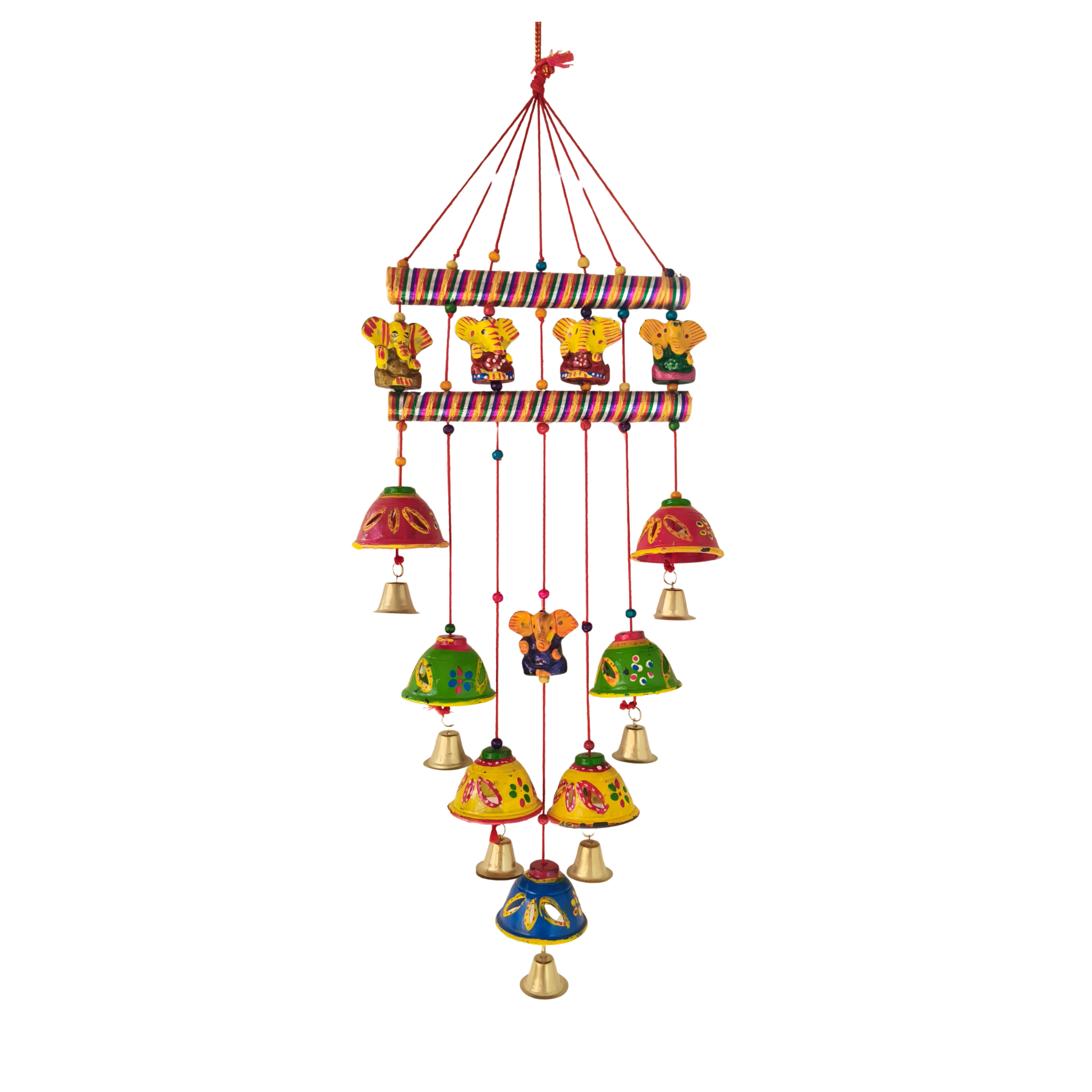 Vibrant Rajasthani Ganesh and Bell Wind Chime Wall Hanging