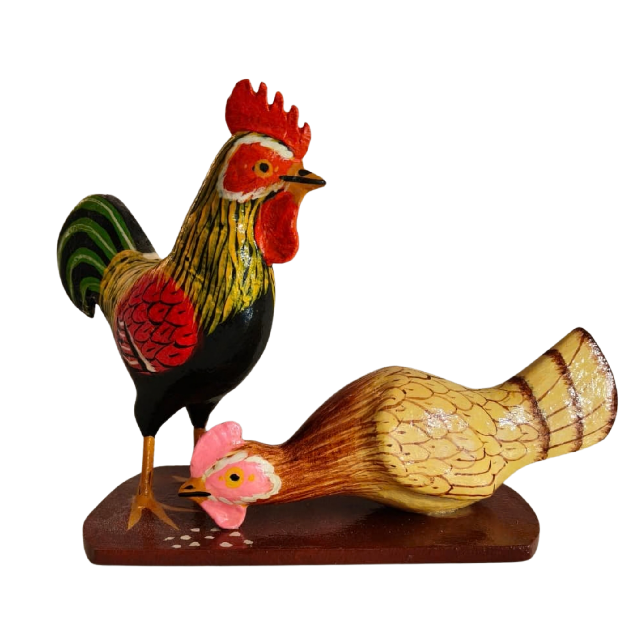 Handcrafted Nirmal rooster and hen toy set with glossy lacquer finish