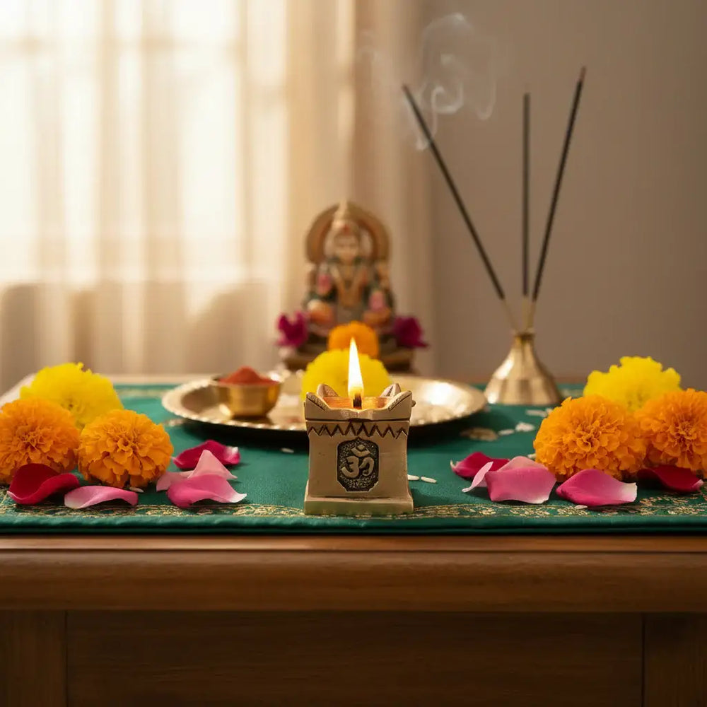 Brass Multi-Wick Oil Lamp with (Panch Aarti Diya) Om Symbols   Brass Ware