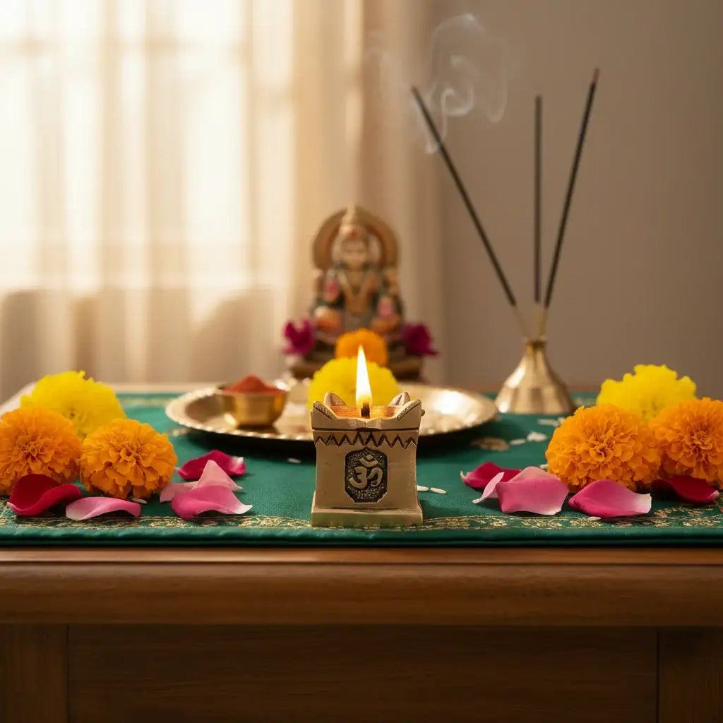 Brass Multi-Wick Oil Lamp with (Panch Aarti Diya) Om Symbols   Brass Ware