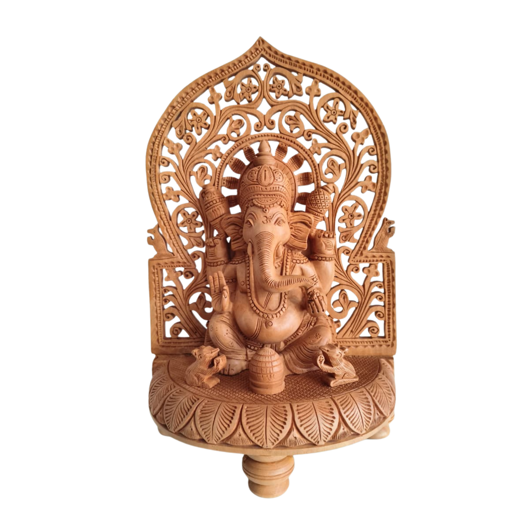 Intricate Wooden Ganesha Idol with Floral Prabhavali and Lotus Base