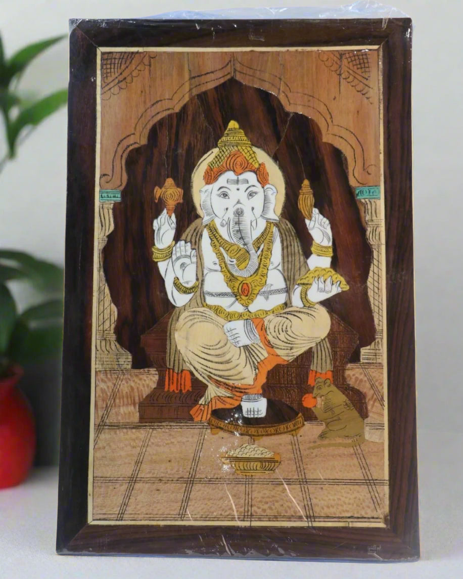 Lord Ganesha with Shankh & Chakra – Rosewood Inlay Art Frame