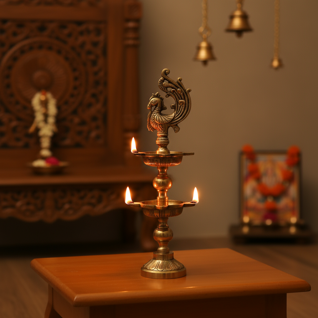 A tall, golden brass multi-tier oil lamp with two levels of deepak bowls and an ornate peacock figurine at the very top, against a light, textured background.