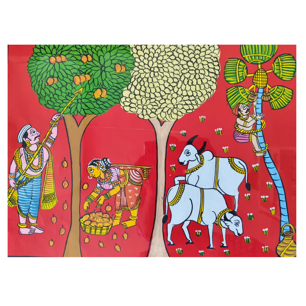 Hand-Painted Rural Harvest & Toddy Tapping Cheriyal Painting   Cheriyala Painting