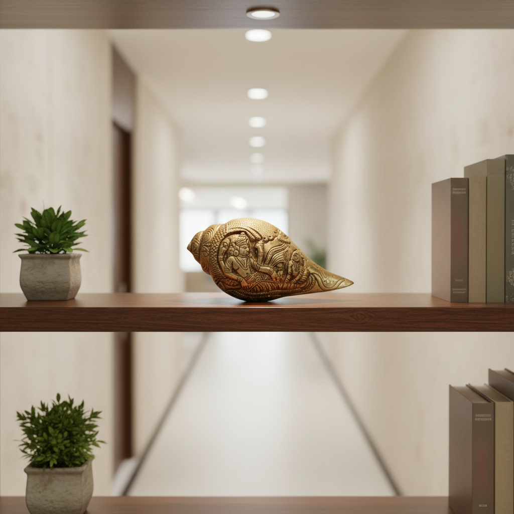 Intricately Carved Brass Decorative Shankha (Conch Shell) with Hindu Deities
