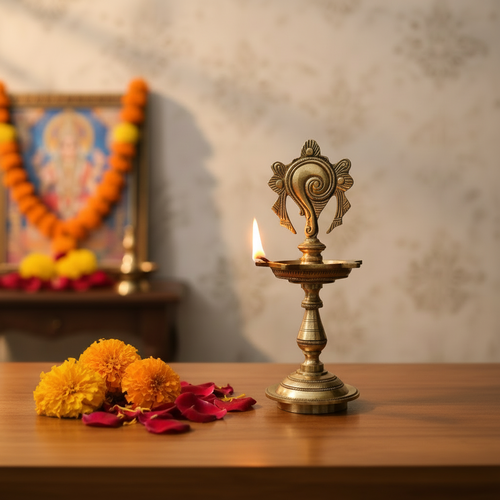 Brass Shankha (Conch) Motif Diya - Traditional Puja Oil Lamp