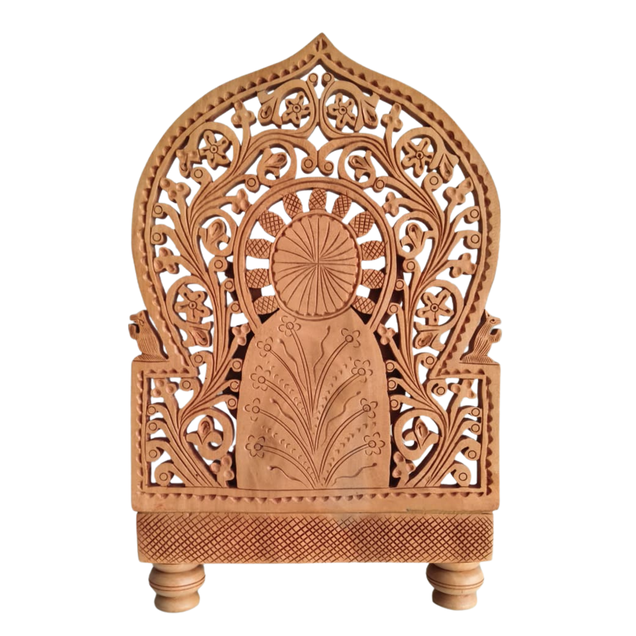 Intricate Wooden Ganesha Idol with Floral Prabhavali and Lotus Base