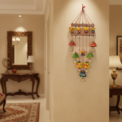 Vibrant Rajasthani Ganesh and bell wind chime wall hanging with colorful hand-painted Ganesha motif and metal bells