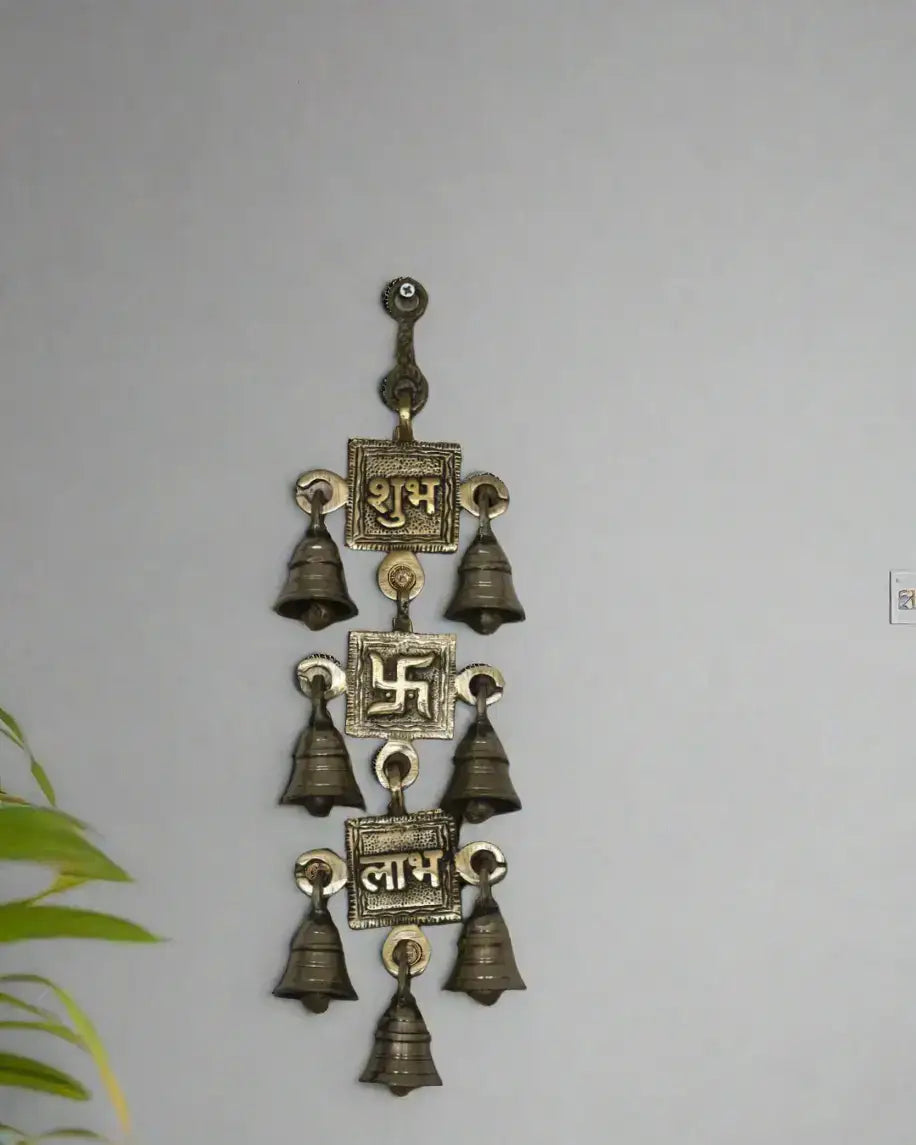 Decorative Brass Shubh Labh Bell Wall Hanging for Spiritual Spaces   Brass Ware