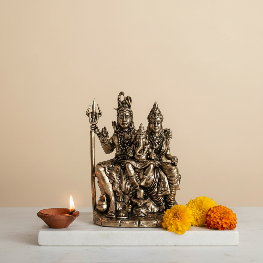 Brass Shiv Parivar Statue - Lord Shiva, Parvati, and Ganesha Divine Family Idol   Brass Artwork