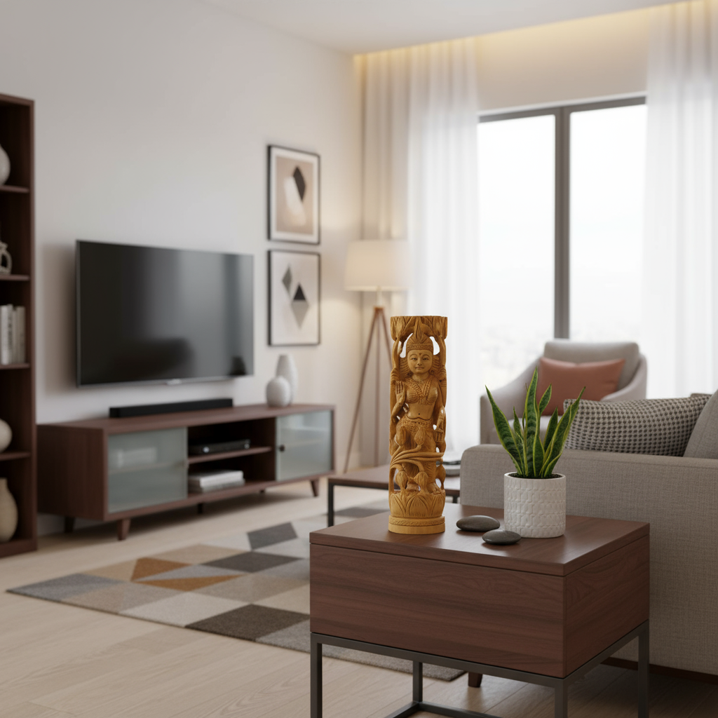 Hand-Carved Wooden Goddess Parvathi Statue – Standing on Lotus