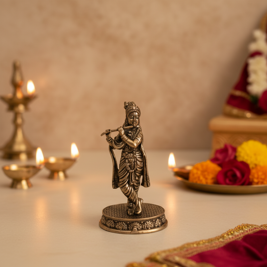 Brass Idol of Lord Krishna with Flute (Murali) on Detailed Pedestal