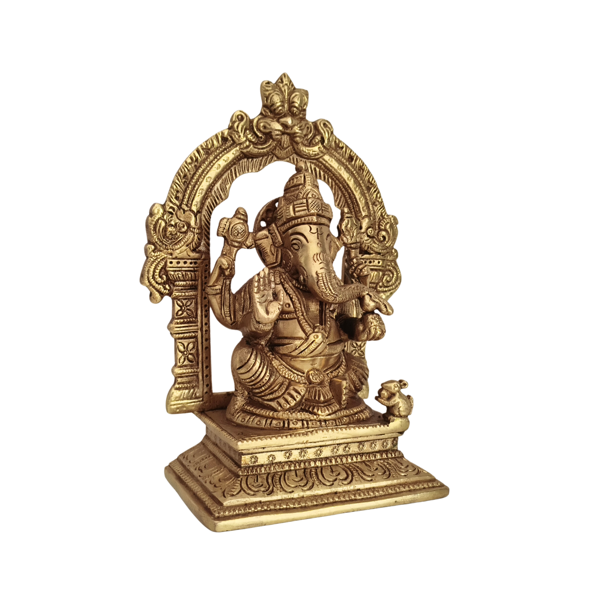 Brass Lord Ganesha Idol with Prabhavali Arch and Elaborate Pedestal