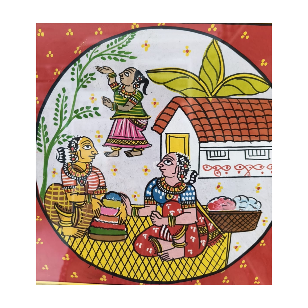 Authentic Cheriyal Art Painting of Indian Village Life – Framed Wall Decor   Cheriyala Painting