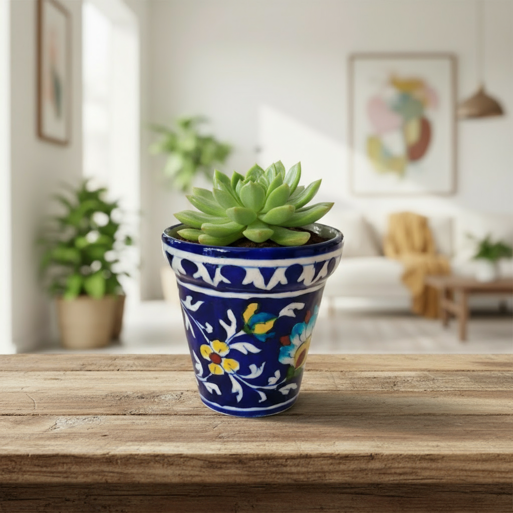 Hand-Painted Blue Pottery Floral Planter | Decorative Plant Pot