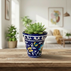 Hand-Painted Blue Pottery Floral Planter | Decorative Plant Pot
