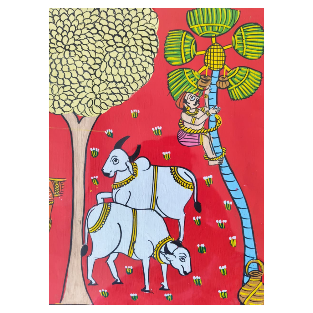 Hand-Painted Rural Harvest & Toddy Tapping Cheriyal Painting   Cheriyala Painting