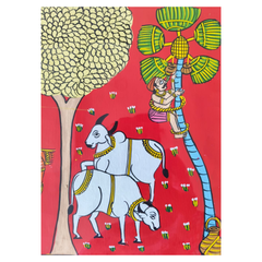 Hand-Painted Rural Harvest & Toddy Tapping Cheriyal Painting   Cheriyala Painting