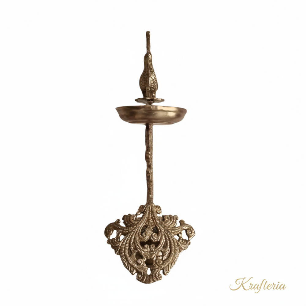 Traditional Hanging Peacock Oil Lamp for Home Temple & Festive Decor   Brass Artwork