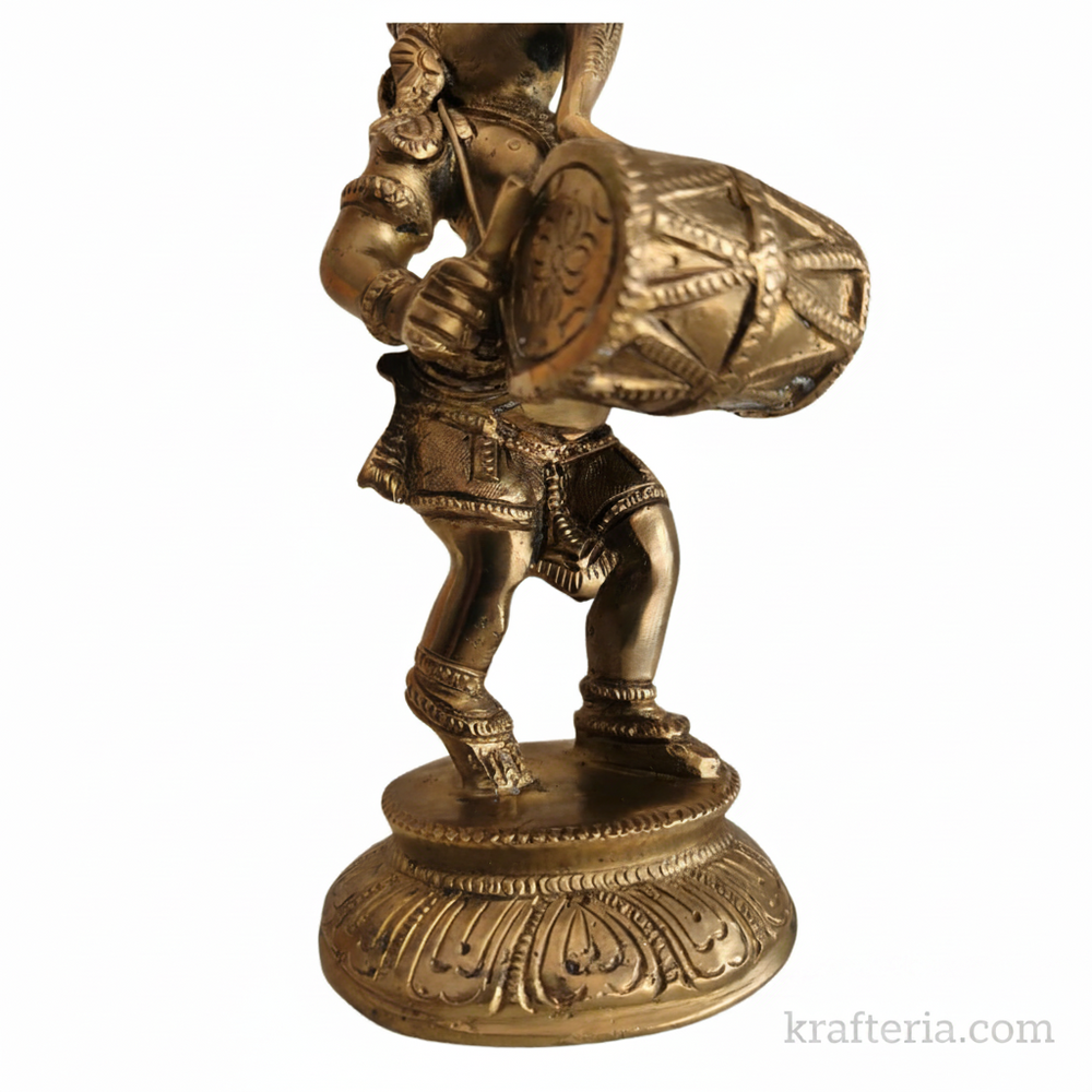 Lord Ganesha Playing Dholak Altar Statue for Home Temple & Decor   Brass Artwork