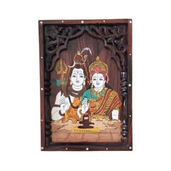 Divine Rosewood Inlay Artwork – Lord Shiva & Goddess Parvati with Lingam