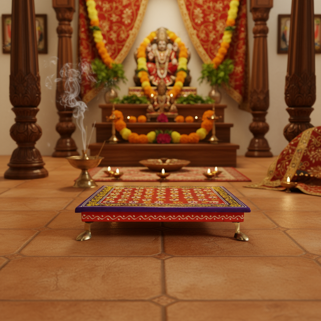 Hand-Painted Wooden Pooja Stool (Chowki) with Traditional Design