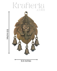 Elegant Brass Ganesha on Leaf With Bells – Spiritual Wall Hanging