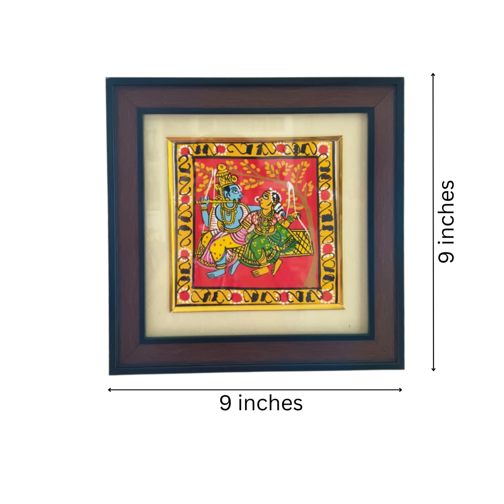 Radha Krishna on Swing (Jhoola) - Handcrafted Cheriyal Folk Art Painting   Cheriyala Painting