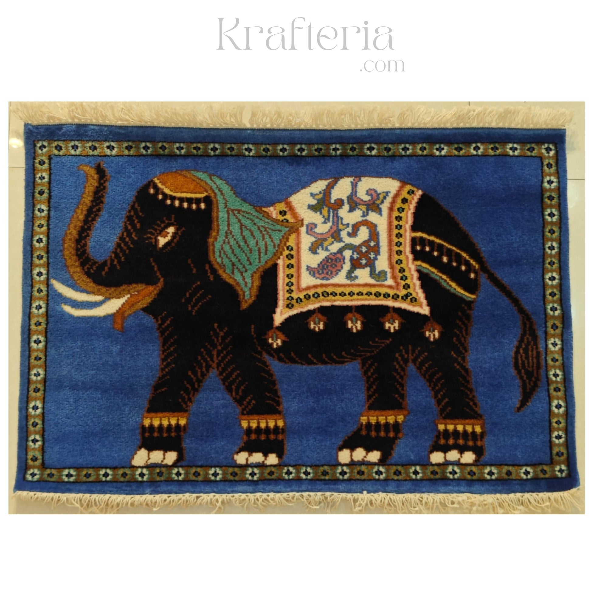Opulent Threads Wool Carpet -  Majestic Elephant on Cerulean Blue