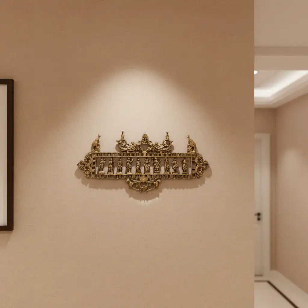 Ornate Brass Dashavatar Wall Hanging - Hindu Deity Procession Decor   Brass Ware