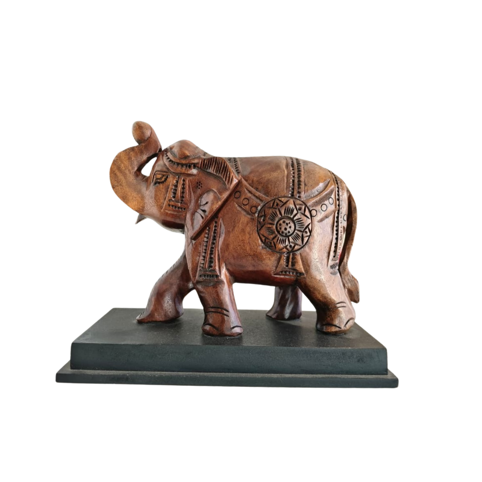 Hand-Carved Wooden Elephant with Base – Elegant Decorative Figurine