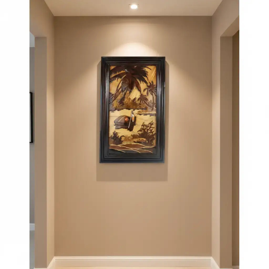 Mysore Rosewood Inlay Panel – Rural River Scene with Boatman and Village   Inlay Art