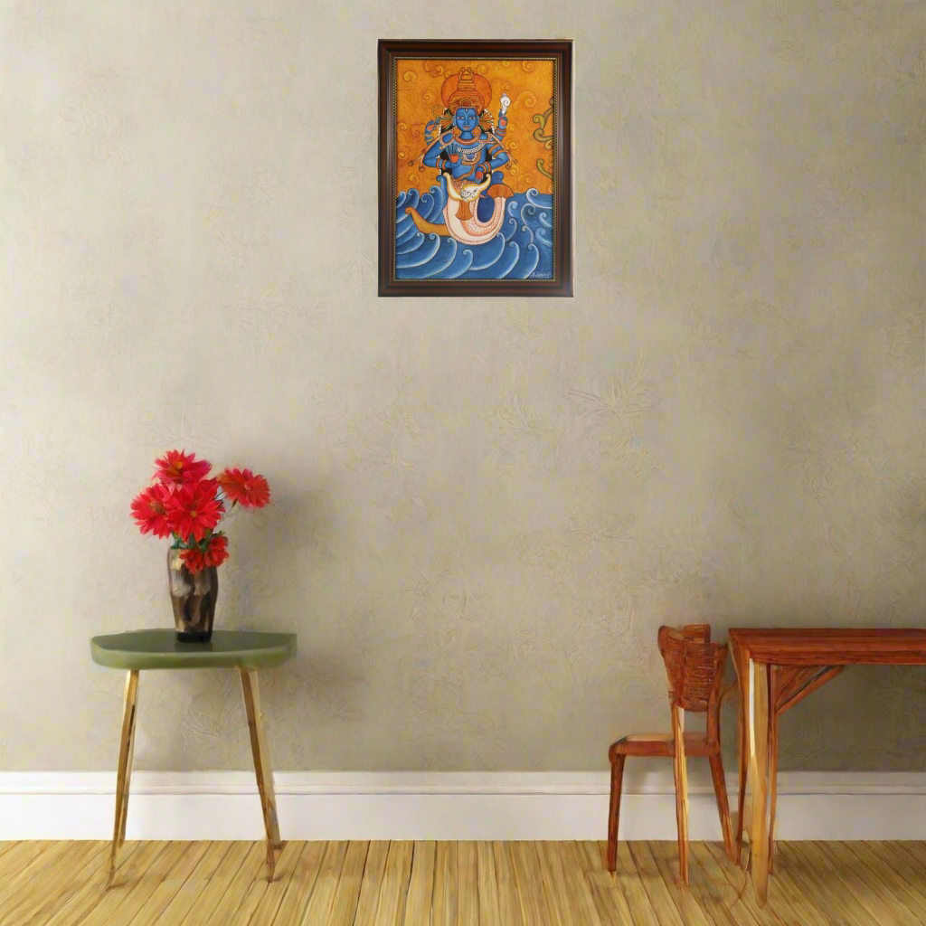 Vishnu in Matsya Avatar – Handcrafted Kerala Mural Wall Art