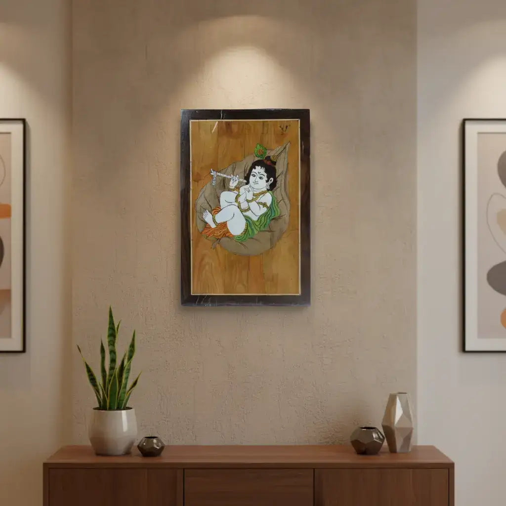 Charming Little Krishna in Rosewood Inlay – Handcrafted Religious Wall Décor Arun