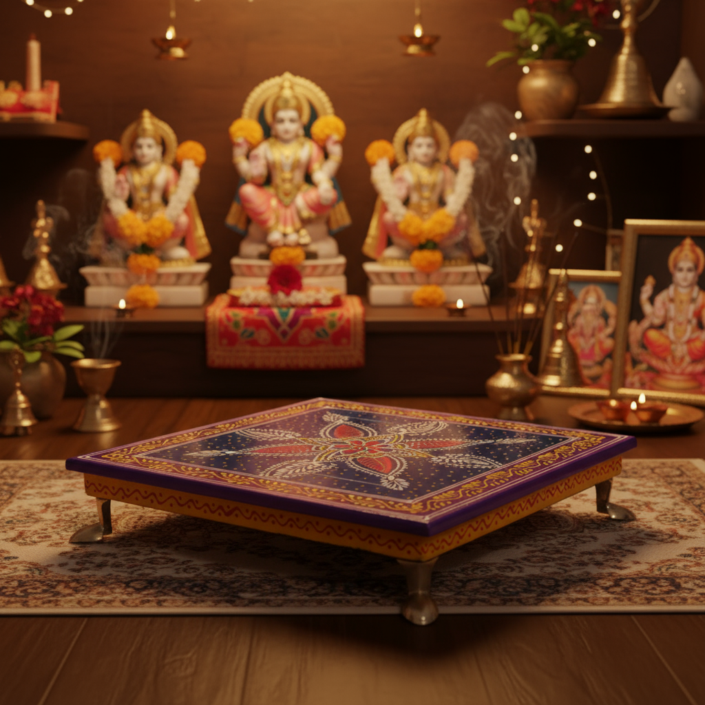 Hand-Painted Wooden Pooja Stool (Chowki) with Traditional Design