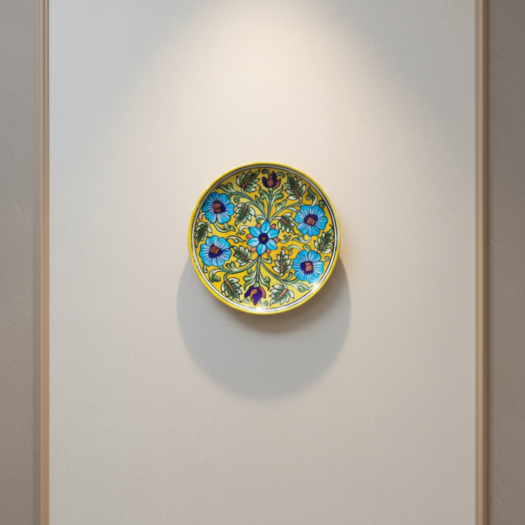Handcrafted Blue Pottery Wall Plate –  Quartz Artwork | Floral Yellow Wall Décor