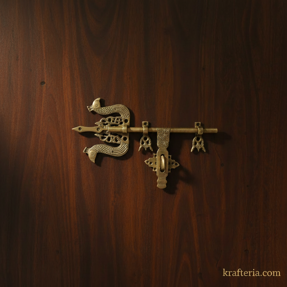 Antique Brass Trishul Door Latch | Traditional Decorative Door Bolt   Brass Artwork