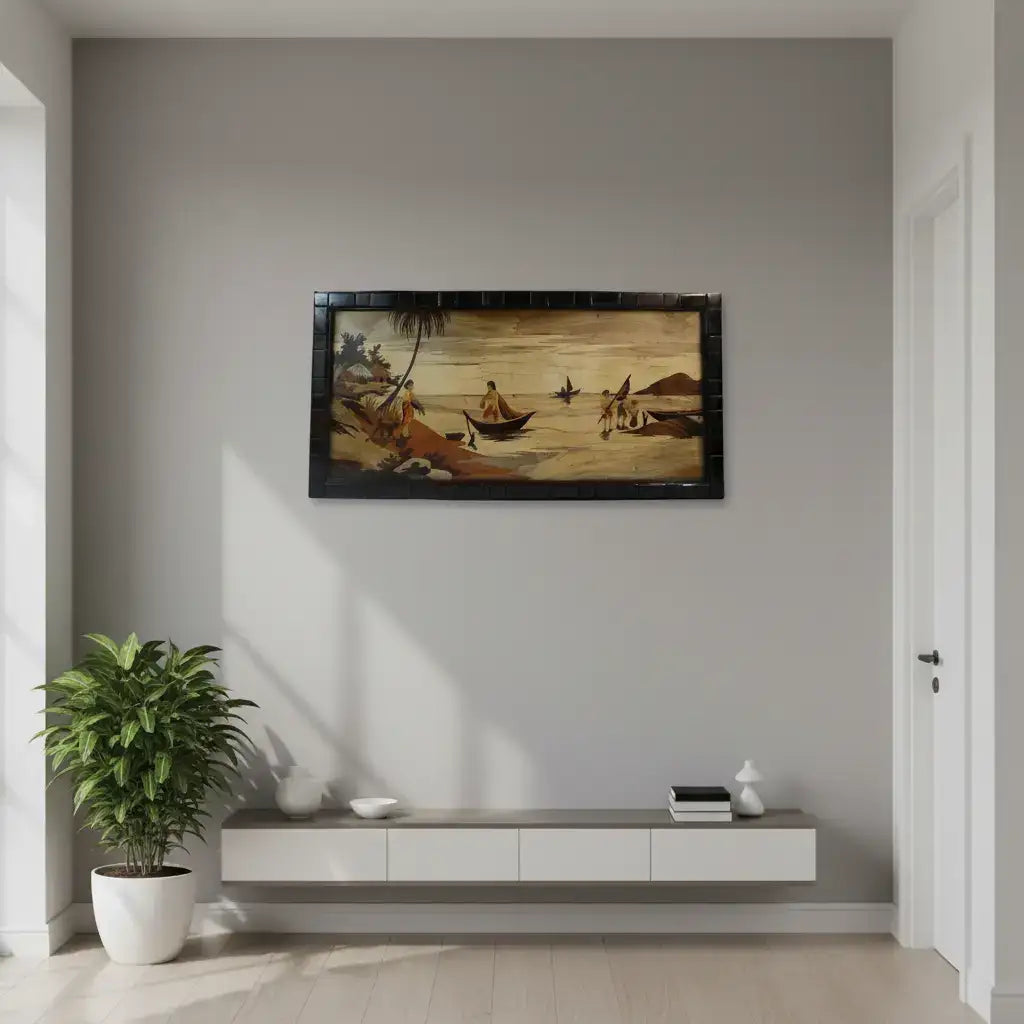 Traditional Mysore Inlay Art – Riverside Nature Scene in Rosewood Frame   Inlay Art